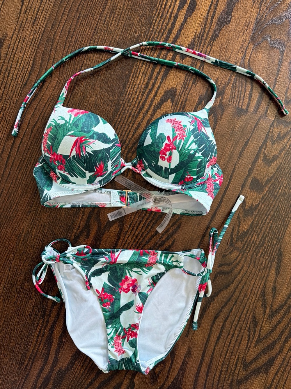 VICTORIA'S SECRET BOMBSHELL ADD 2-CUPS PUSH UP TROPICAL BIKINI SET 32A XS GREEN